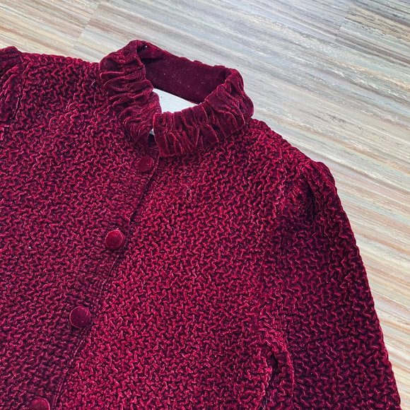 Burgundy Crushed Velvet Cardigan Jacket Ruched Texture Vintage Jeune Jeunesse - Picture 2 of 8